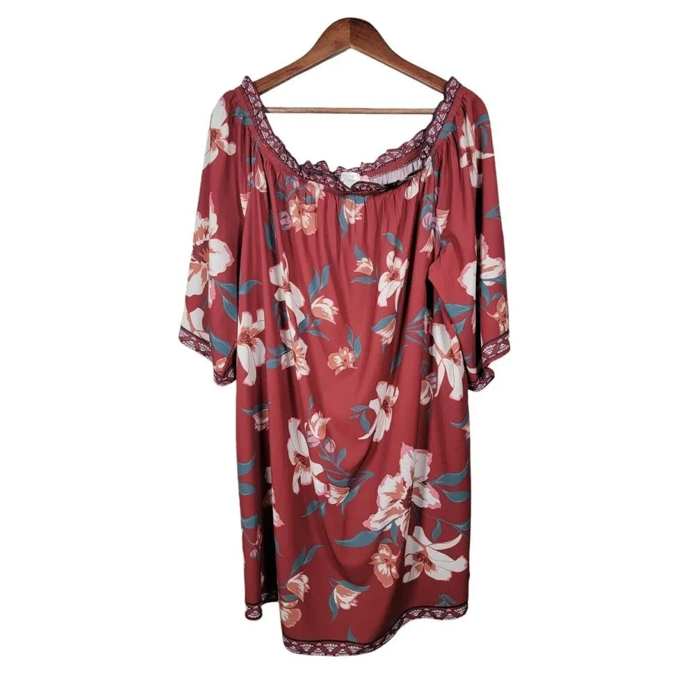 Flying Tomato Womens Plus Size 2X Bohemian Dress Red Floral ‎ Off Shoulder